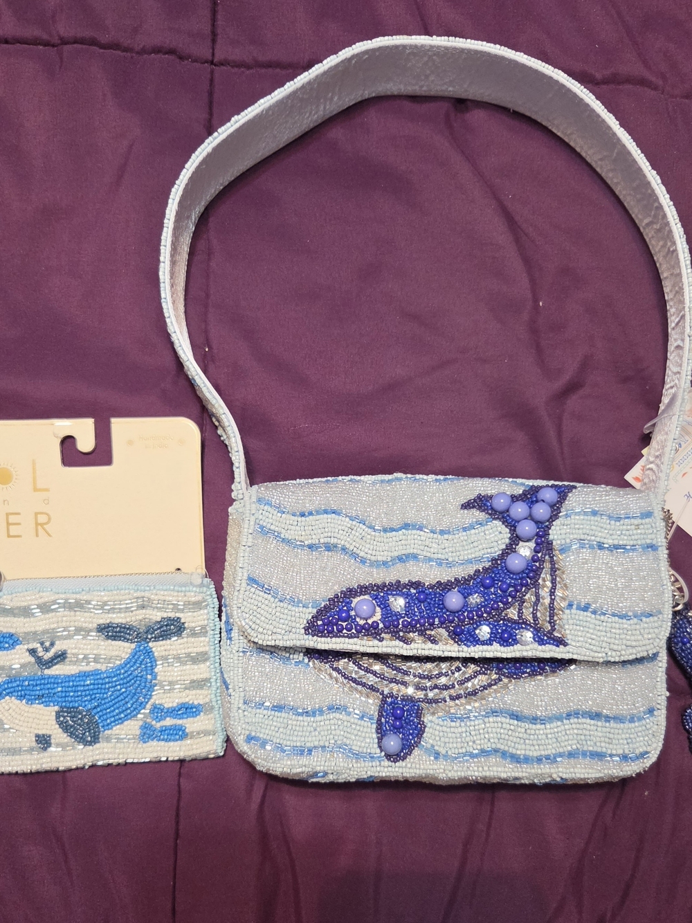 Beaded Whale-Accent Shoulder Bag in Light Blue - Unbranded